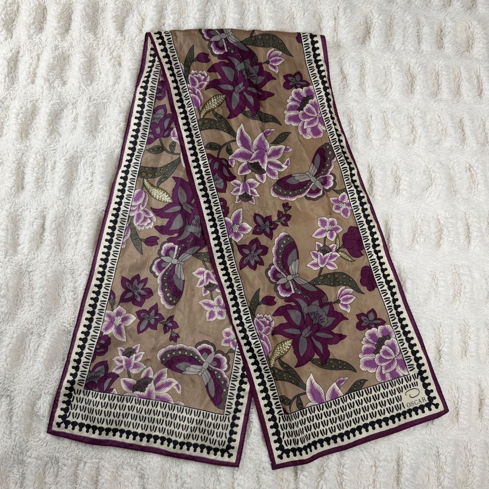 Oscar de la Renta Silk Scarf Purple Floral Butterfly Oblong Vintage Designer